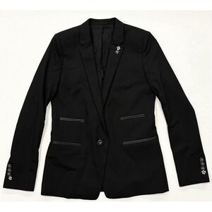 The Kooples Black‎ Single Button Lamb Skin Leather Trim Embellished Blazer